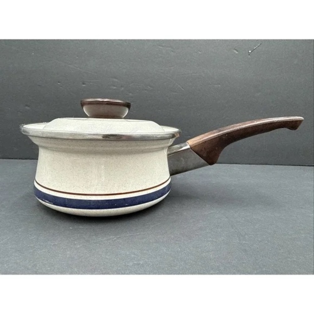 Elegant Cream and Brown Saucepan with Blue Trim